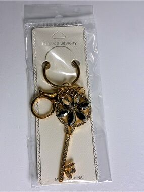 Gold Black & Clear Crystal Flower Key & Bag Charm - New Without Tags